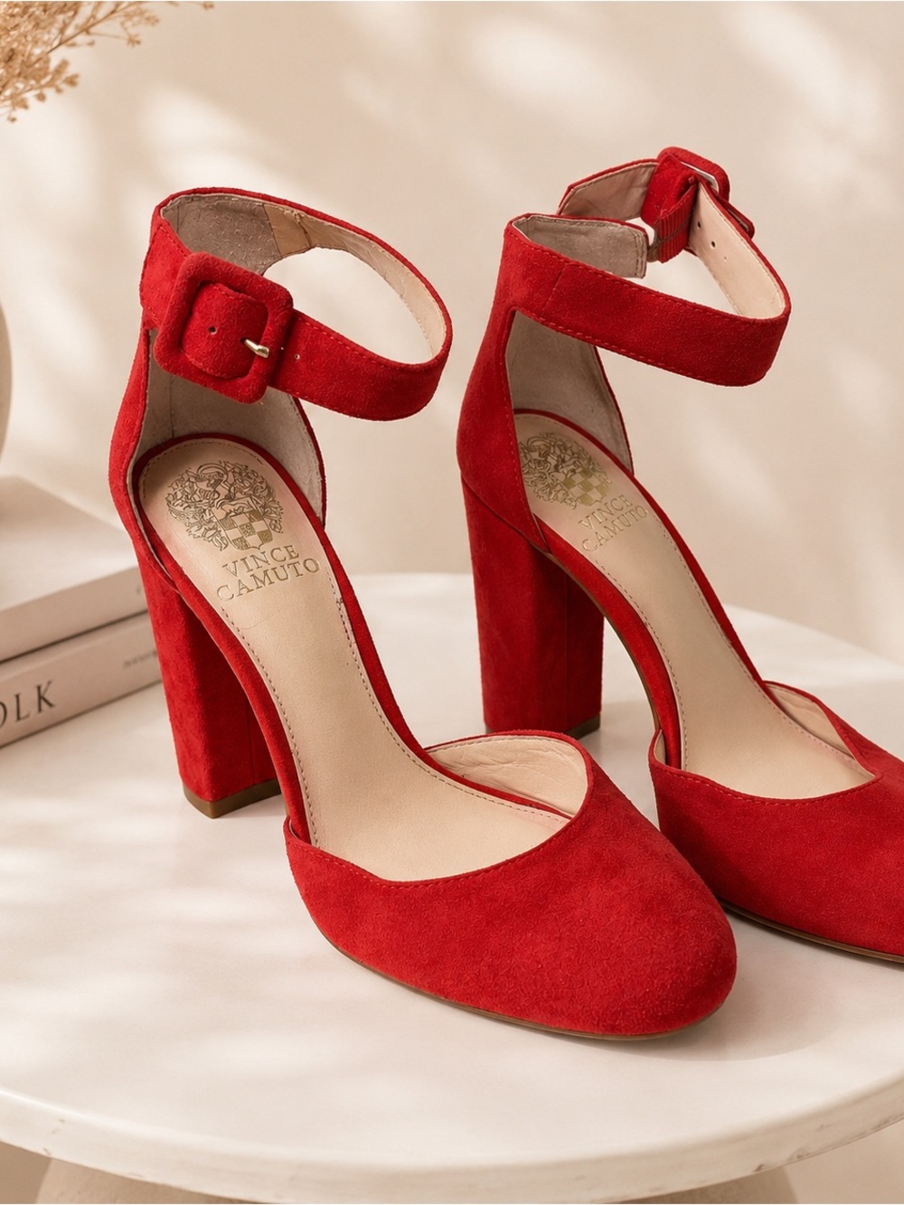 Vince Camuto Red Suede Ankle Strap Block Heel Pumps Size 6M